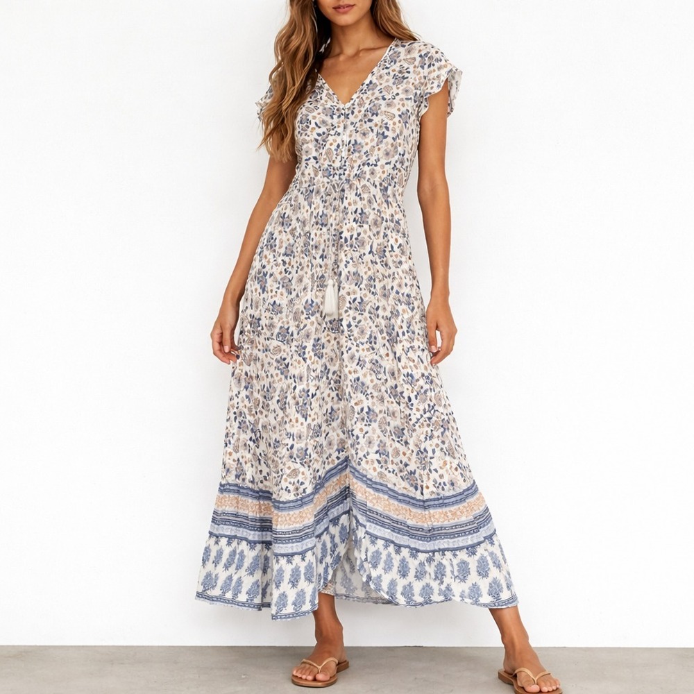 Japna Maxi Dress Women's Small White Floral Print Button Front Flutter Sleeve